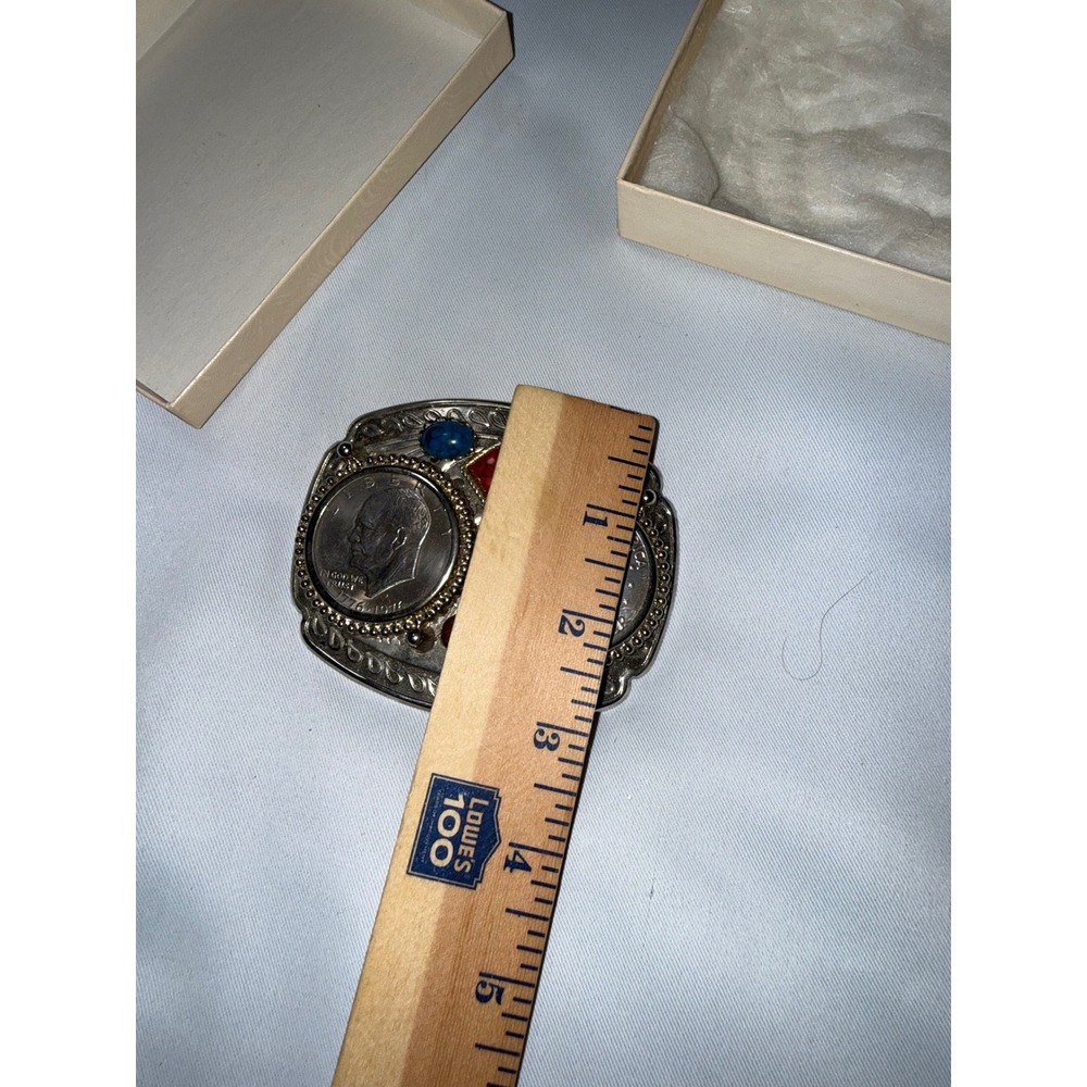 Vintage Bicentennial Eisenhower Silver Dollar Belt Buckle Turquoise Coral Stone - Picture 4 of 5
